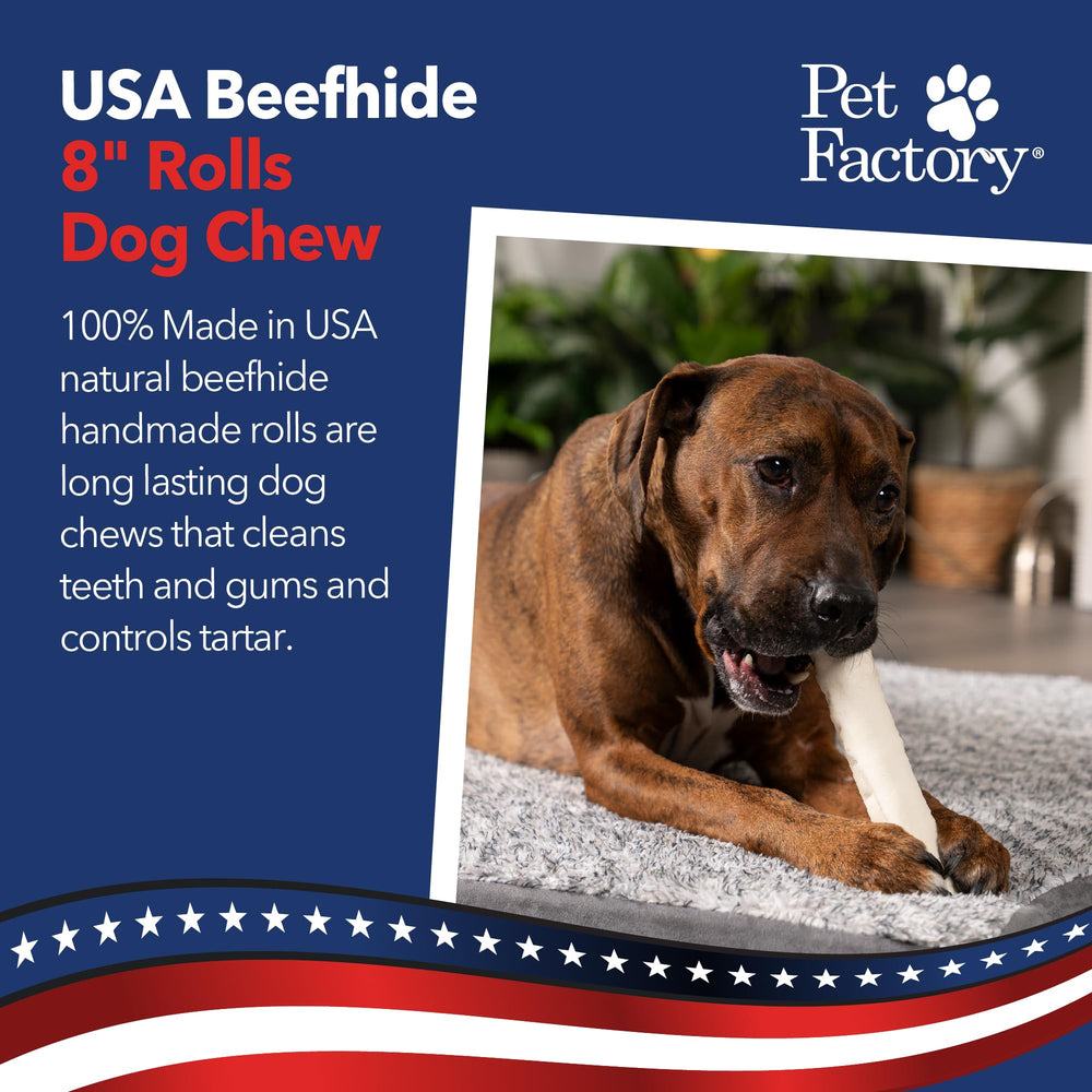 Pet Factory USA-made beefhide chews showcase premium craftsmanship and reliable sourcing for dogs.
