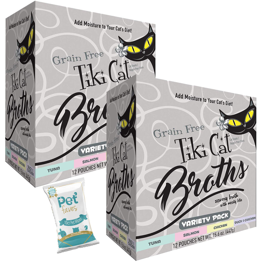 Pet Faves Tiki Cat Savory Broth pouches offer single-serve moisture and flavor for meals.