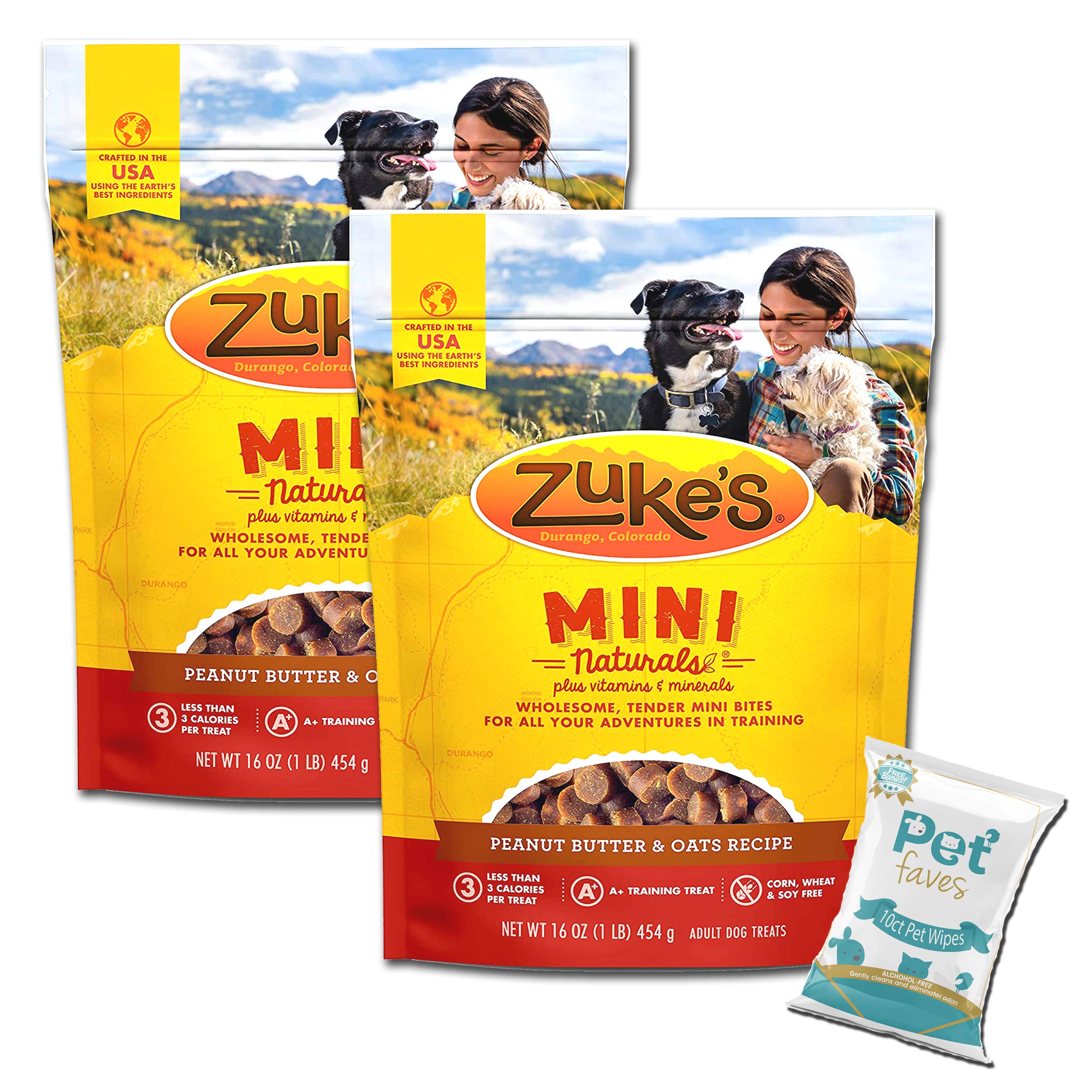 Pet Faves Zuke Mini Naturals peanut butter 16oz bag for bite-sized training rewards.