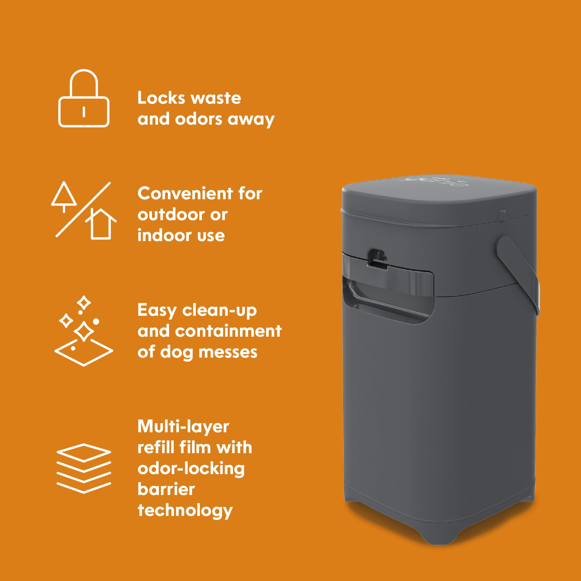 Pet Genie Pail odor-lock-lever close-up emphasizes secure lid to contain smells.
