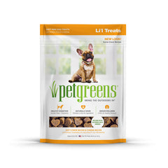 Pet Greens Li'l Treats soft-chew texture close-up with real meat as top ingredient.