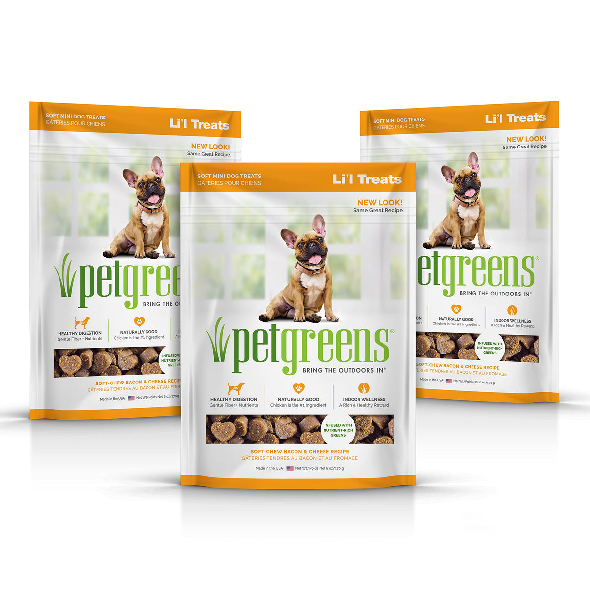 Pet Greens Li'l Treats bacon-cheese soft-chew bag for small dogs and training.