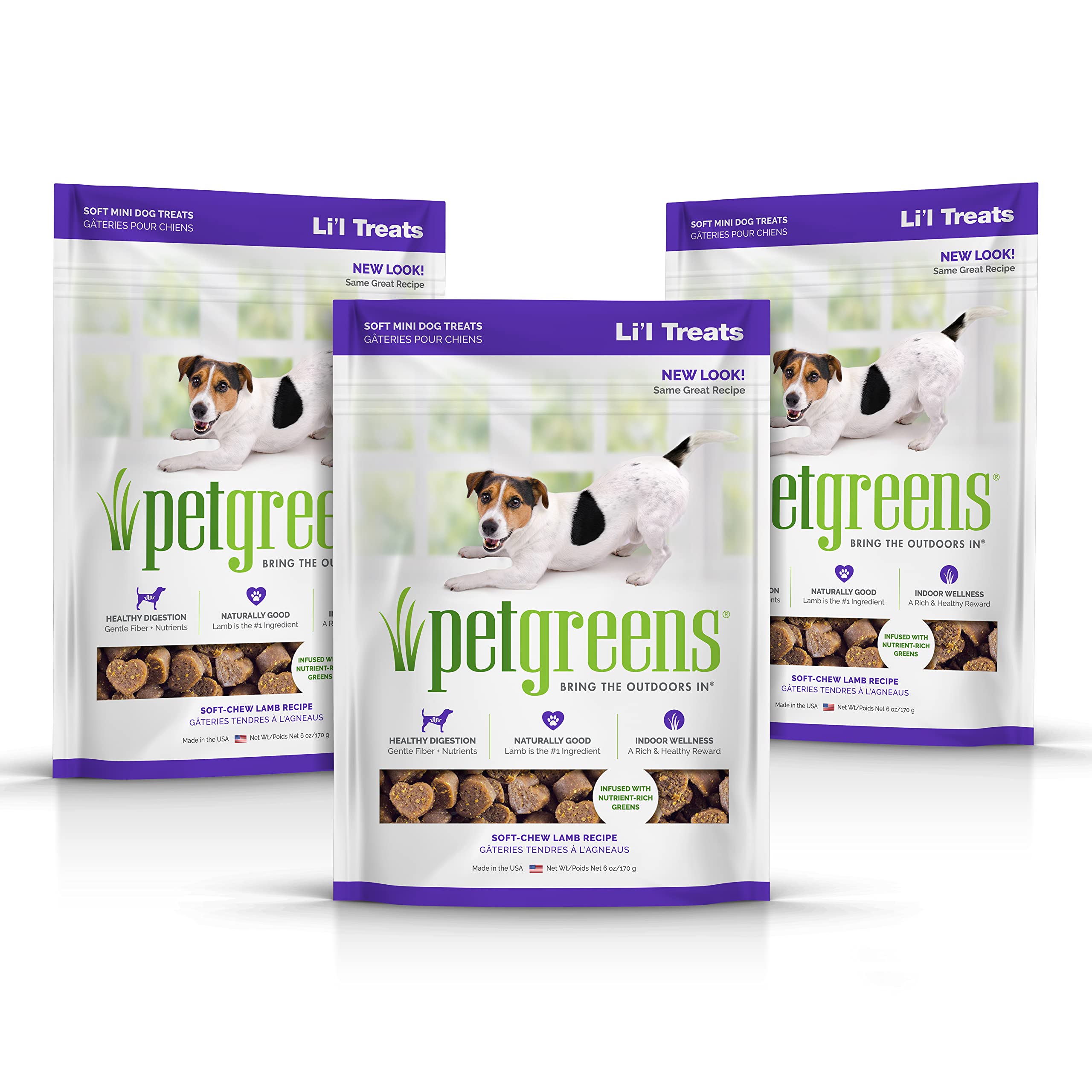 Pet Greens soft-chew Li'l Treats salmon pack shows tasty training reward for small dogs.