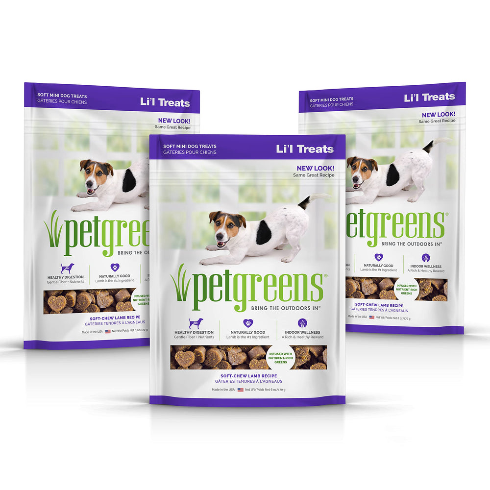 Pet Greens soft-chew Li'l Treats salmon pack shows tasty training reward for small dogs.