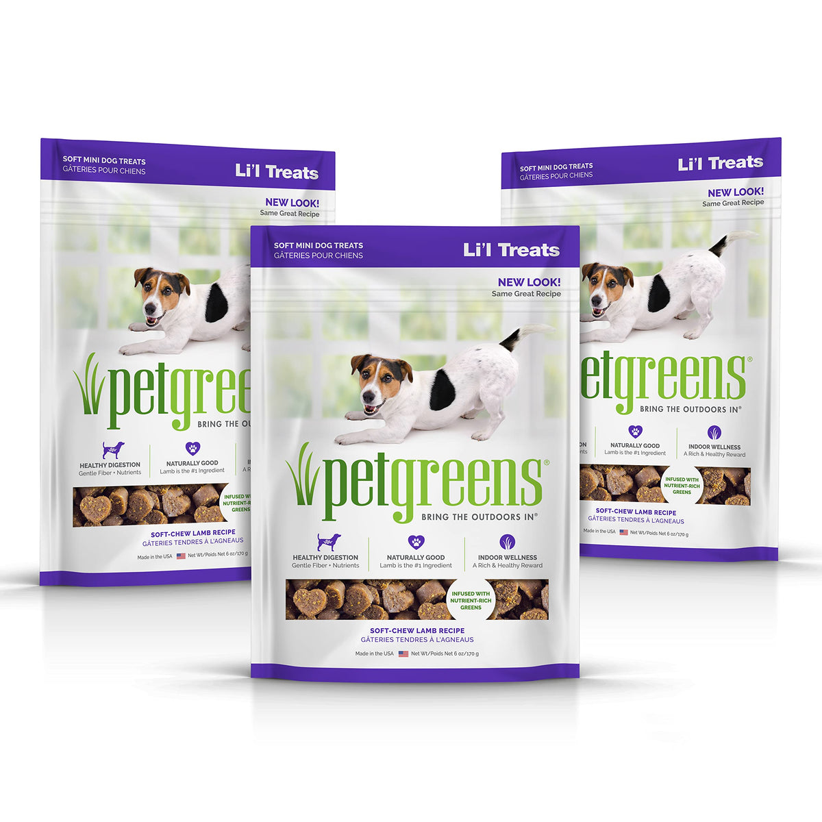 Pet Greens soft-chew Li'l Treats salmon pack shows tasty training reward for small dogs.