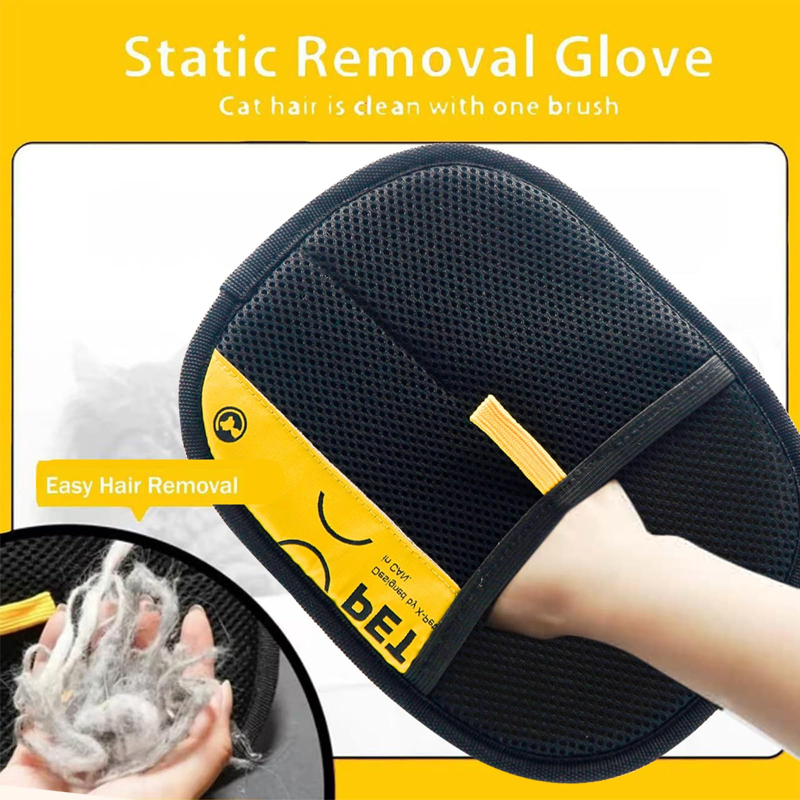Pet Hair Removal Glove closeup with electrostatic action removing fur from fabric