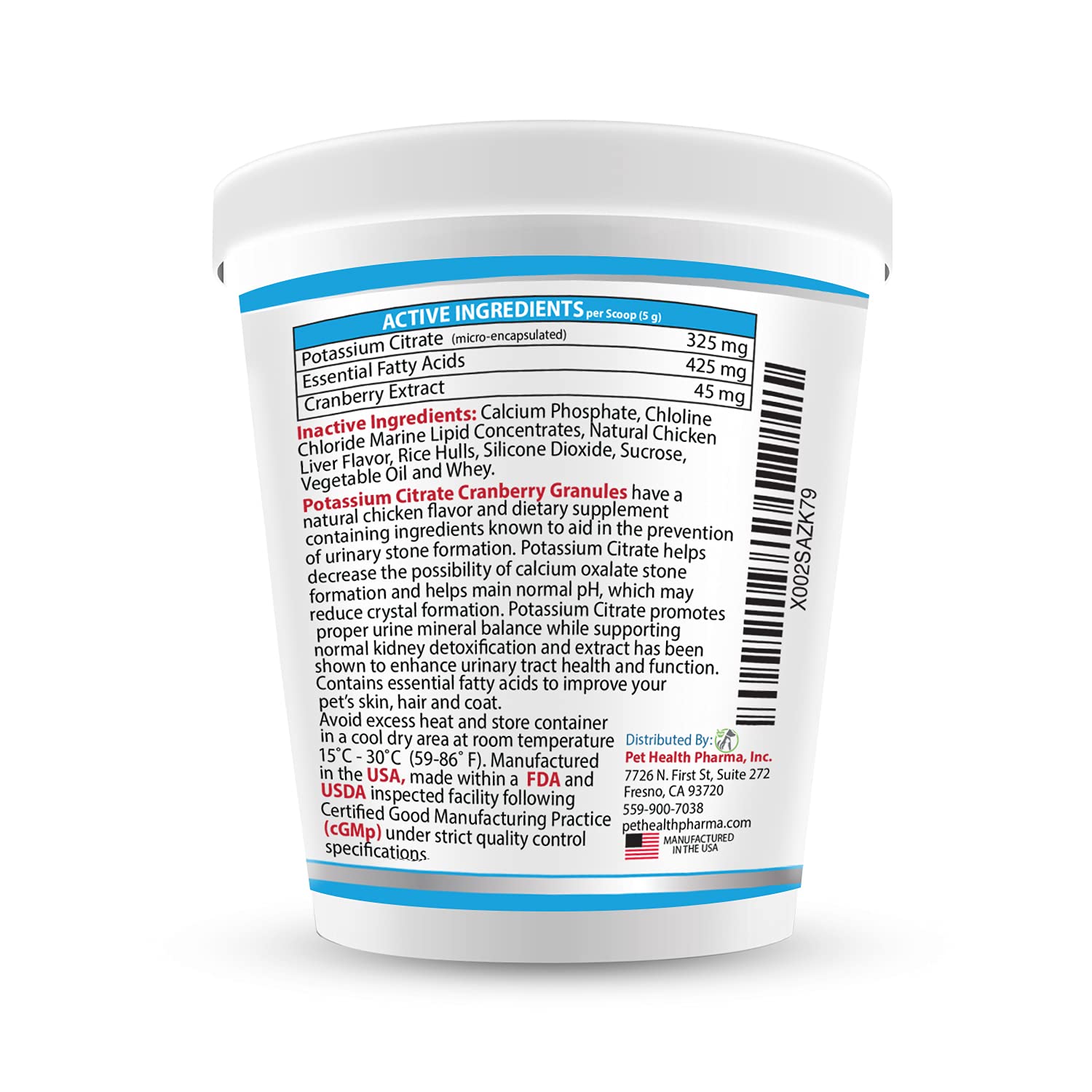 Pet Health Pharma potassium citrate plus cranberry ingredients label highlights urinary support