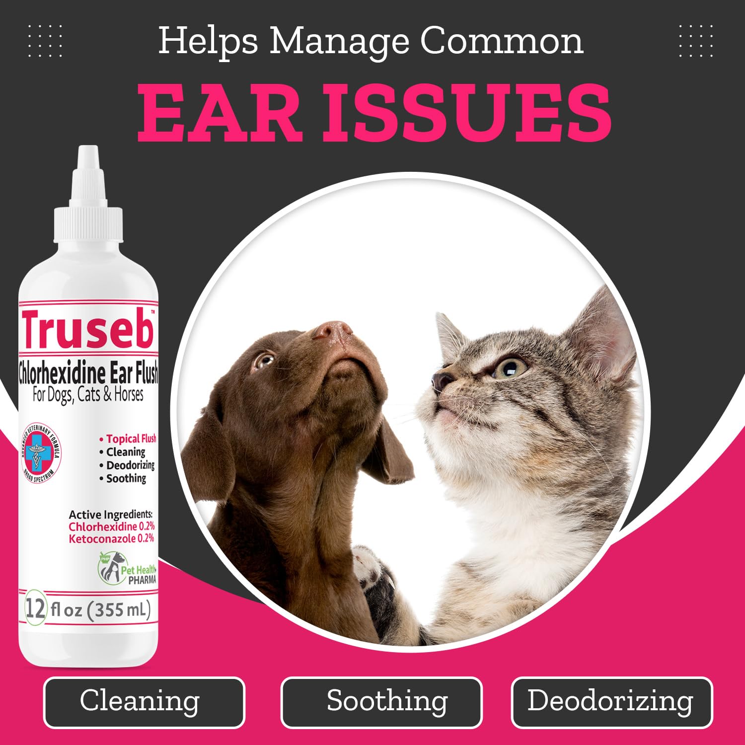 Pet Health Pharma preservative-free label — ready-to-use ear care solution.