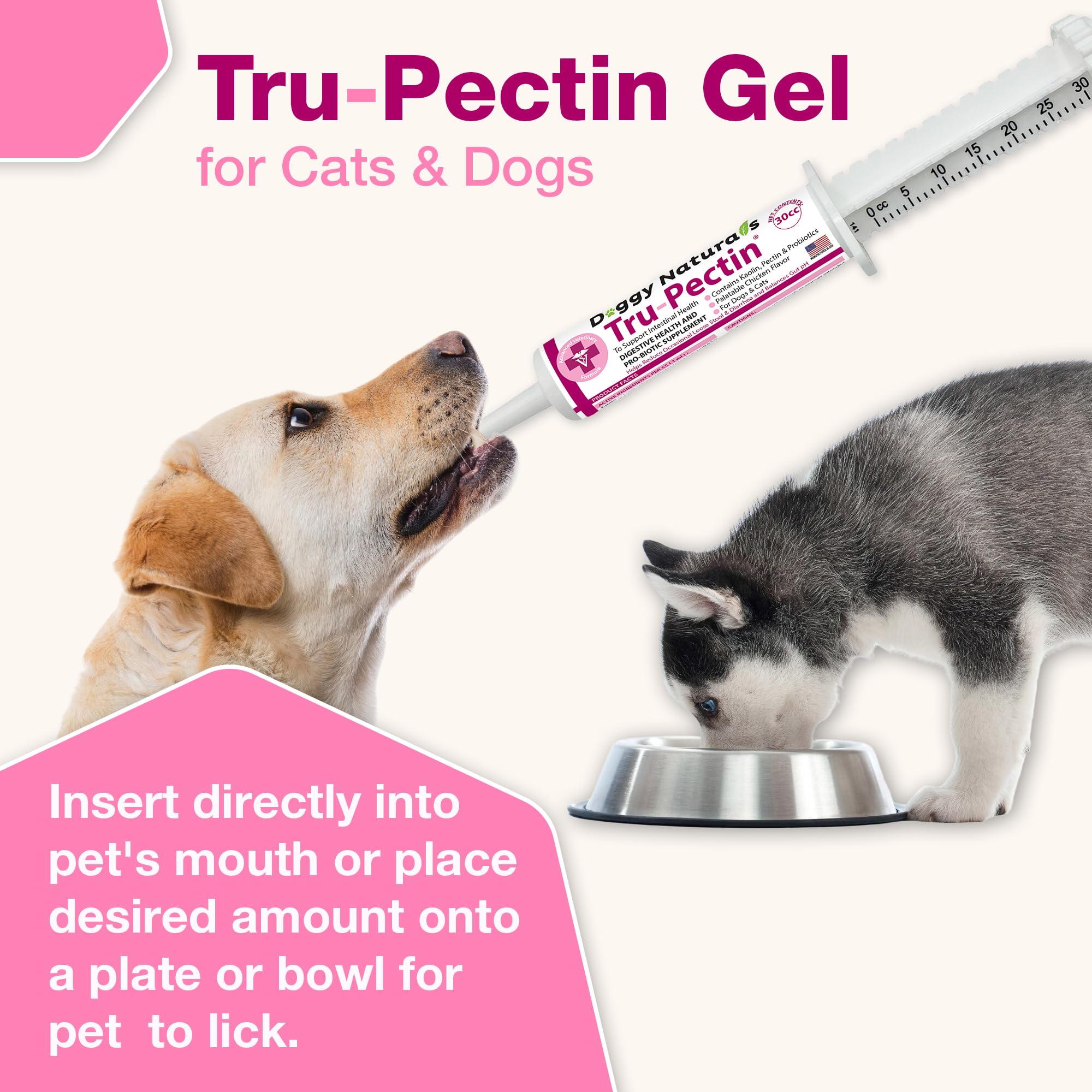 Pet Health Pharma Tru-Pectin packaging display with 30cc tube and dosing labels.