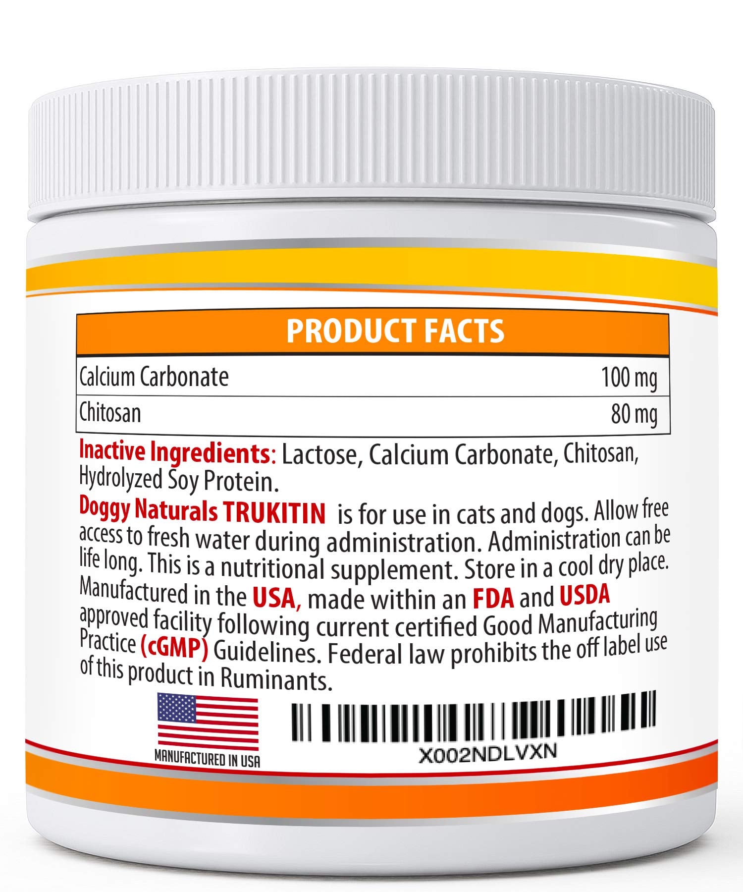 Pet Health Pharma Trukitin ingredients label emphasizes natural chitosan and calcium carbonate for phosphate management.