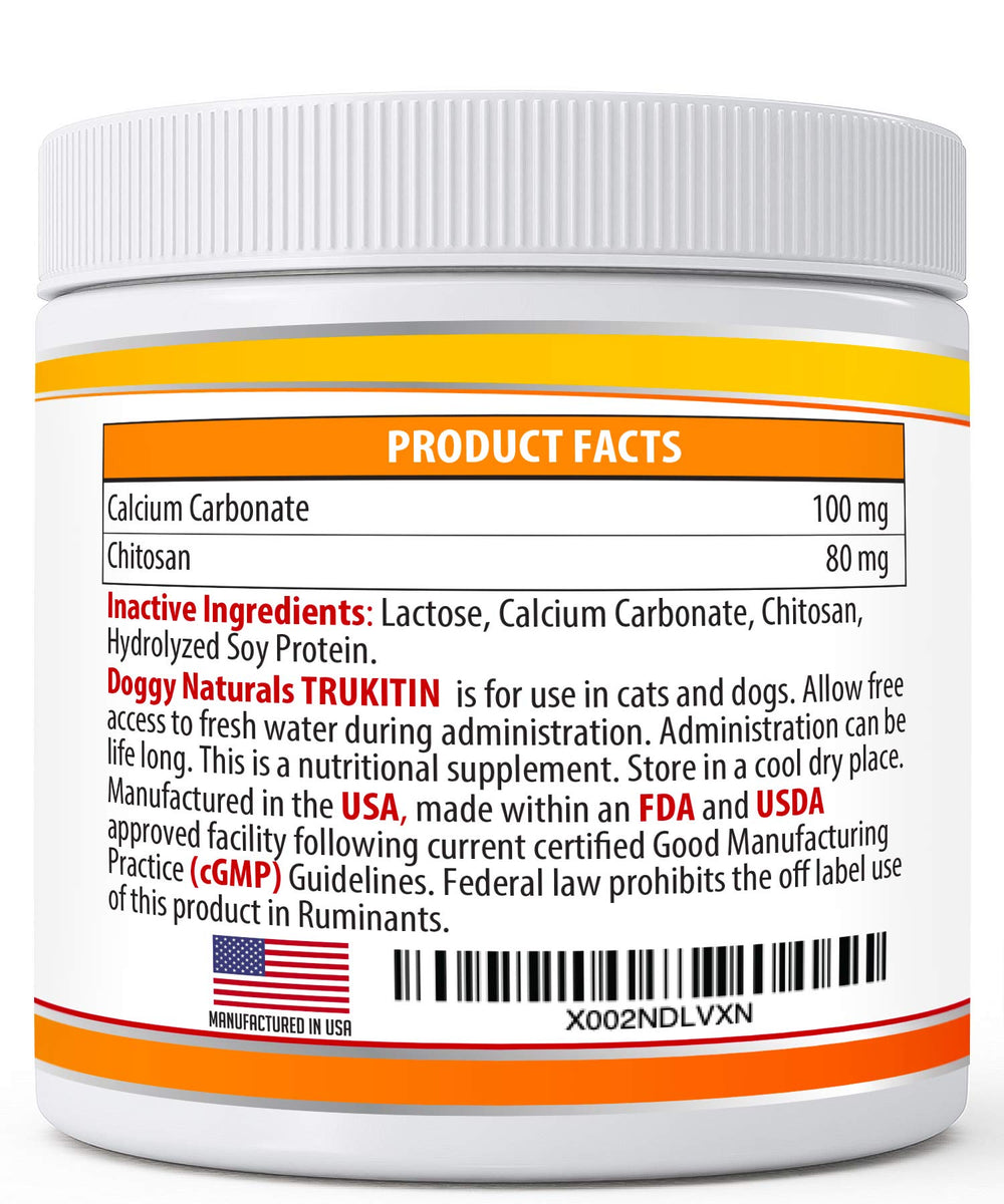 Pet Health Pharma Trukitin ingredients label emphasizes natural chitosan and calcium carbonate for phosphate management.