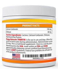 Pet Health Pharma Trukitin ingredients label emphasizes natural chitosan and calcium carbonate for phosphate management.