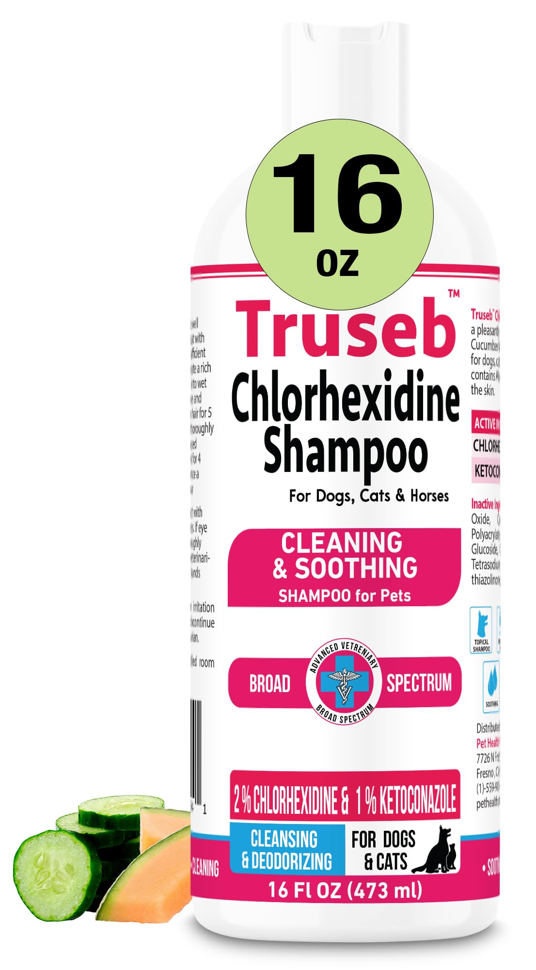 Pet Health Pharma Truseb shampoo bottle front for gentle cleansing of dogs, cats, and horses.