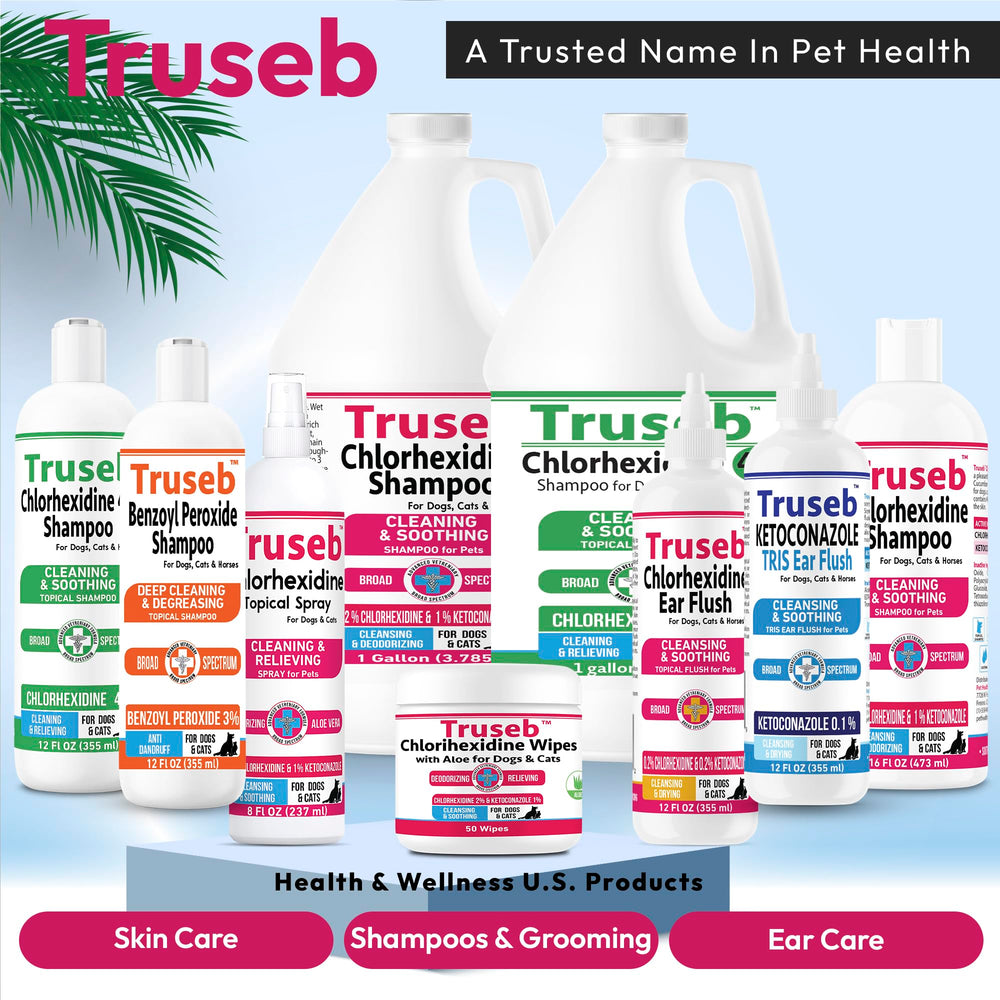 Truseb shampoo label highlights cucumber melon scent with deodorizing benefits.