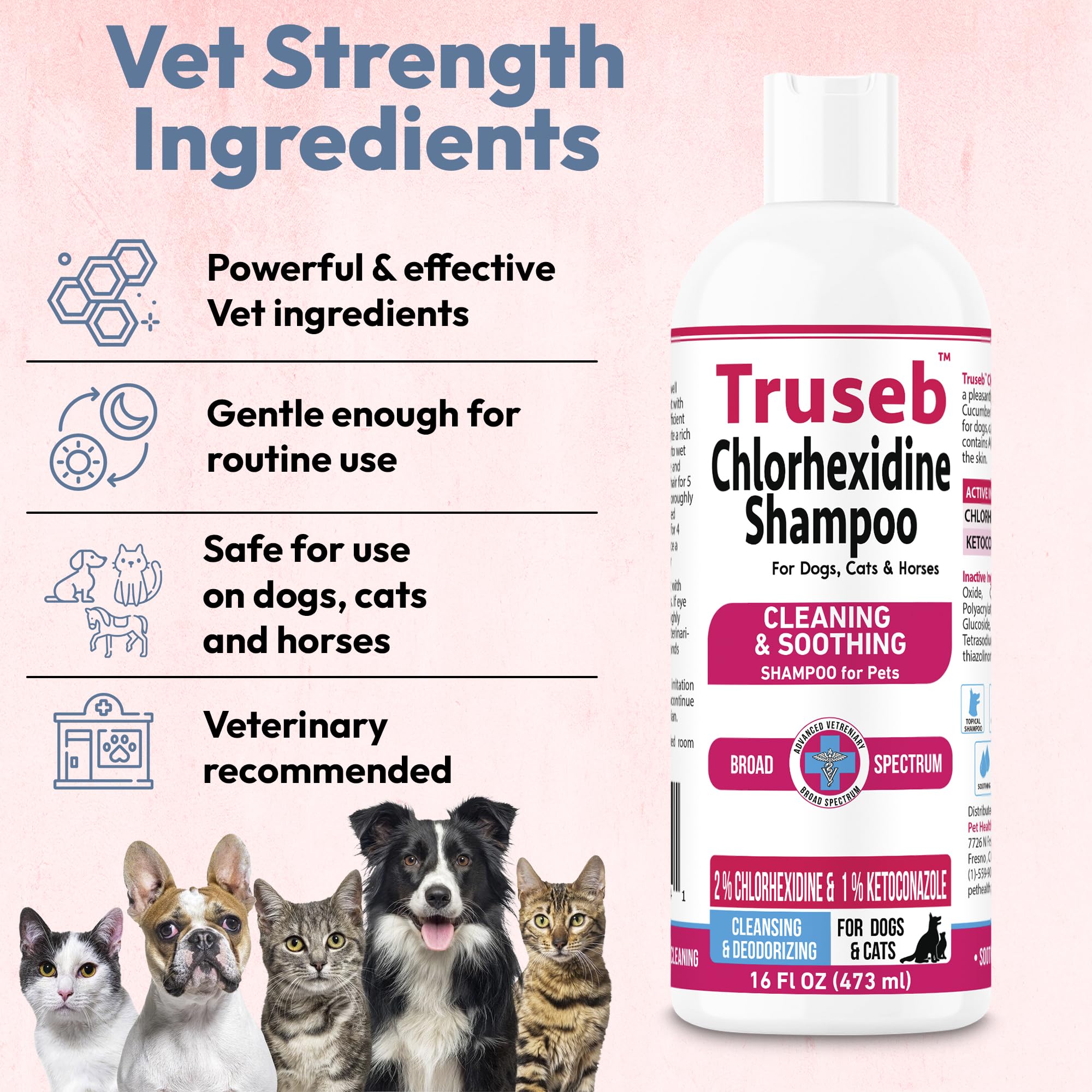 Truseb shampoo bottle with pet silhouettes demonstrates multi-pet use and care.