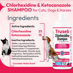 Truseb shampoo pour close-up highlights rich lather and hydrating benefits for pets.