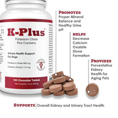 Pet Health Solutions K-Plus cranberry tablets closeup emphasizing palatable liver flavor for dosing.