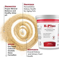 Pet Health Solutions K-Plus granules added to cat food for urinary support.
