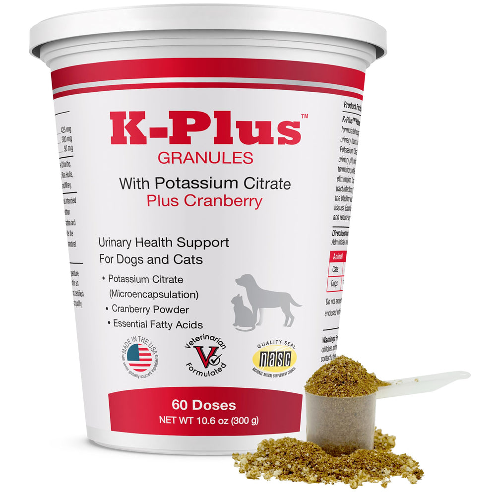 Pet Health Solutions K-Plus granules poured into a dog bowl for easy mixing.