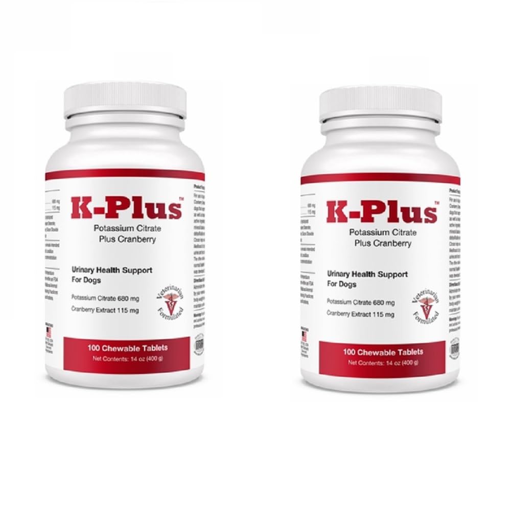 Pet Health Solutions K-Plus bottle of potassium citrate cranberry tablets highlighting urinary health support.