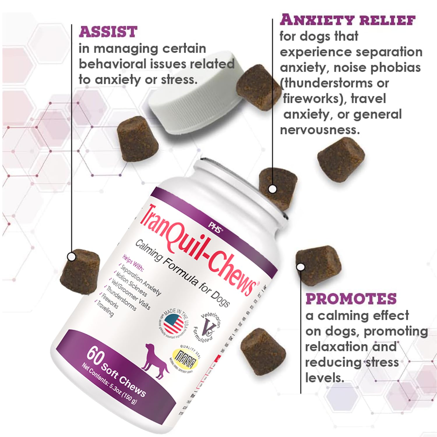 Pet Health Solutions Tranquil-Chews beef-flavored chews close-up for calmer moments.