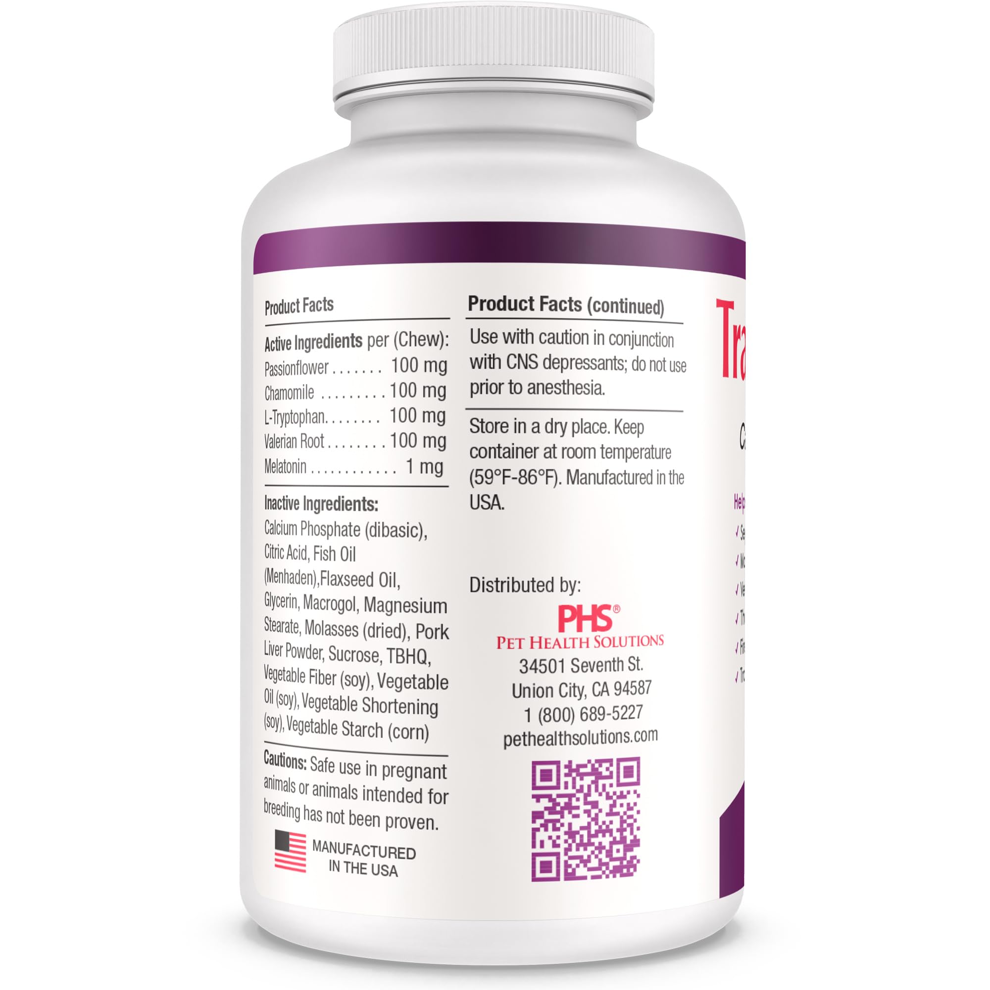 Pet Health Solutions Tranquil-Chews ingredients label with chamomile and tryptophan.