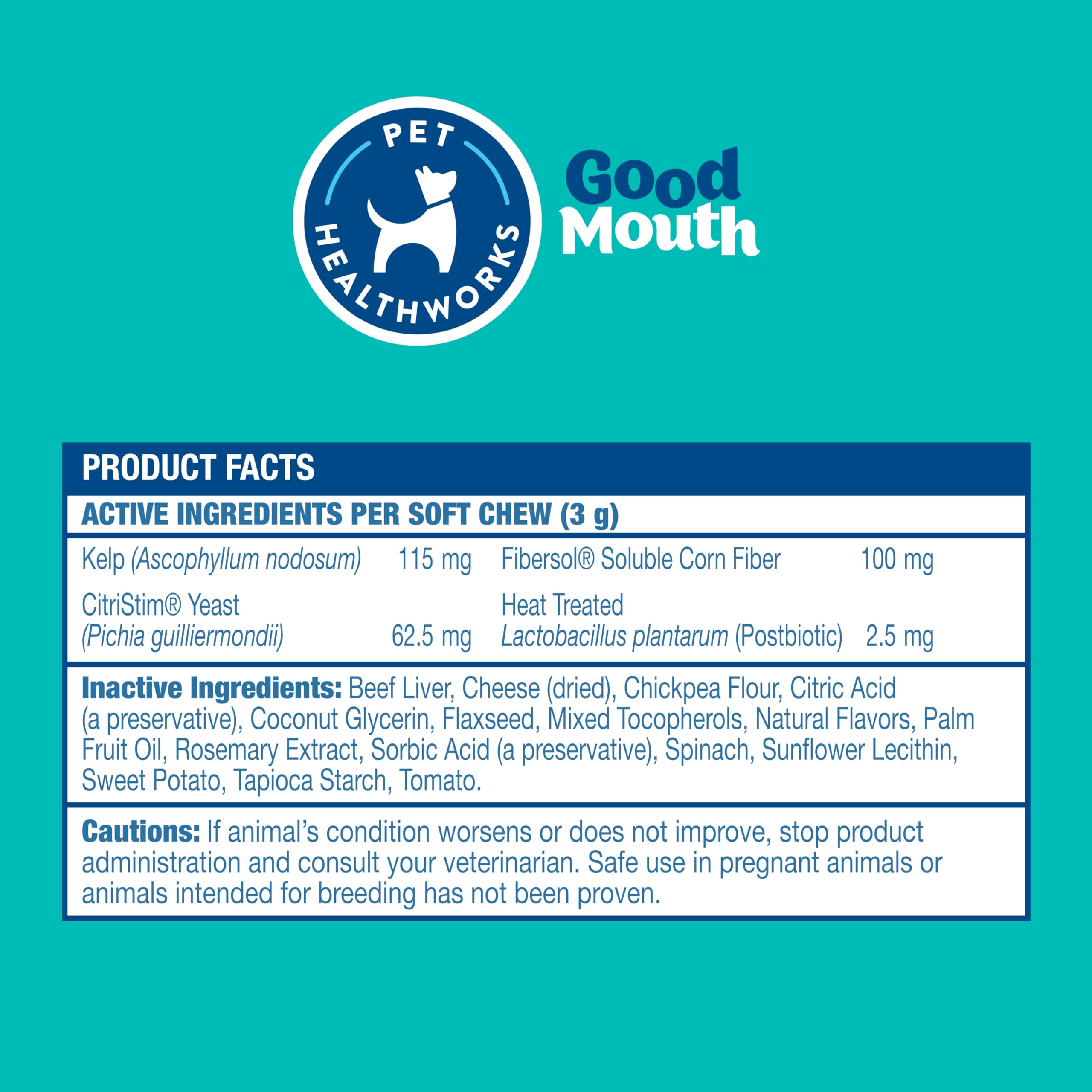 Pet HealthWorks Good Mouth chews open package displays 60-count bottle for long-term use.