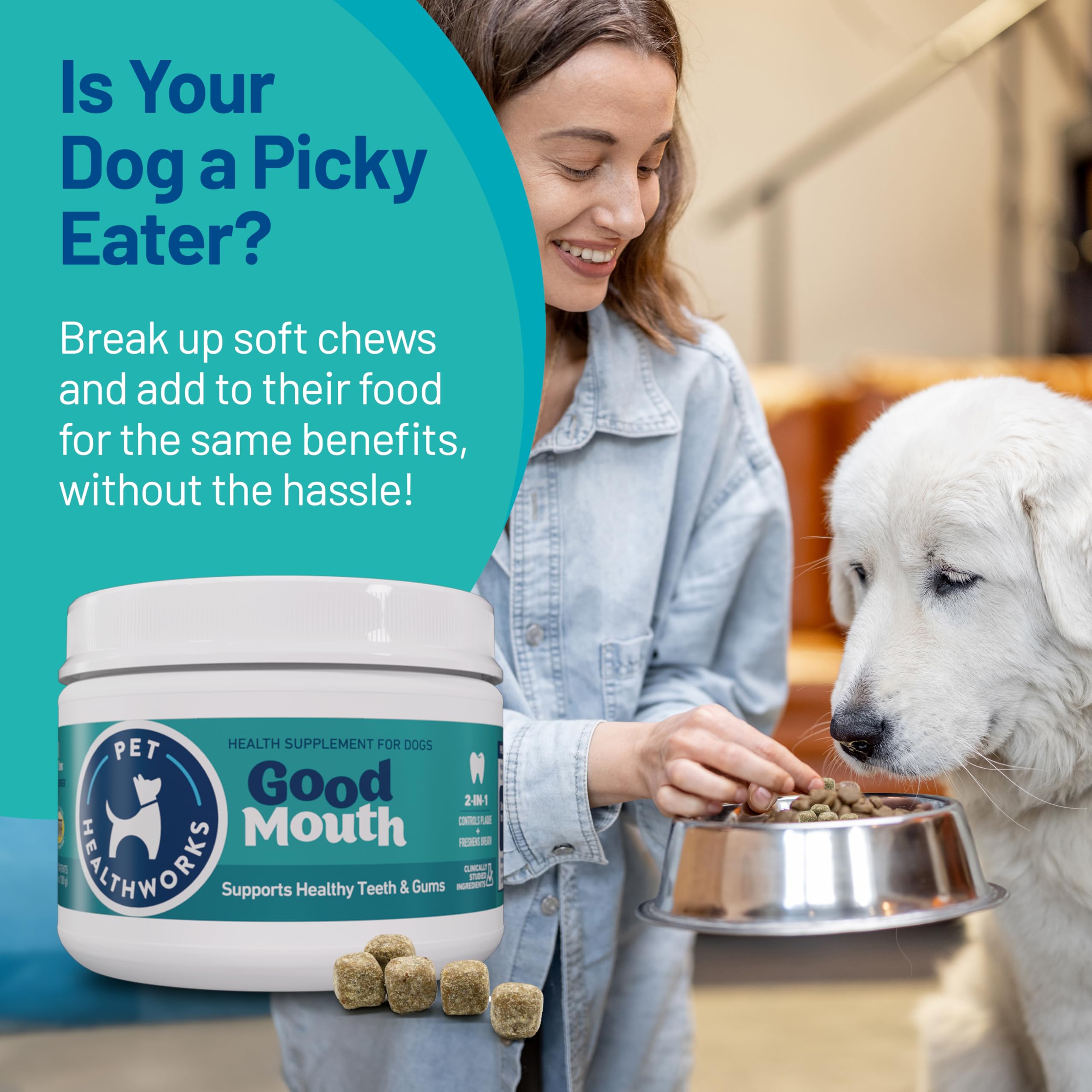 Pet HealthWorks Good Mouth chews soft-chews close-up showcases mess-free daily oral care.