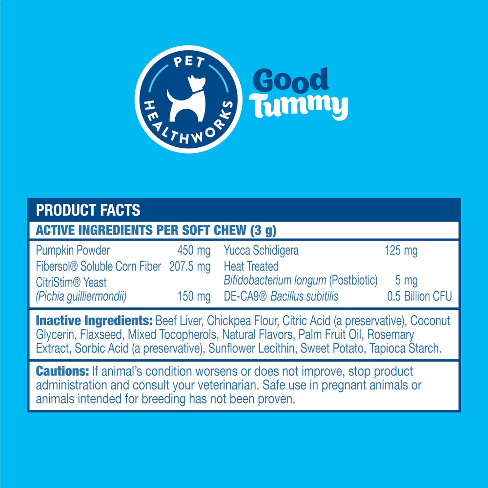 Pet HealthWorks Good Tummy chews gut health graphic highlights nutrient absorption support.