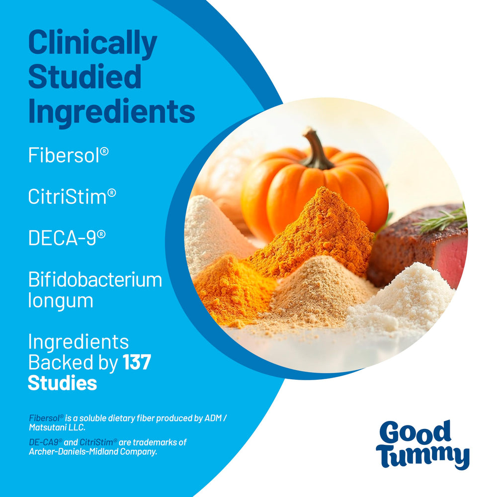 Pet HealthWorks Good Tummy probiotic ingredients graphic shows prebiotic, probiotic, and postbiotic blend.