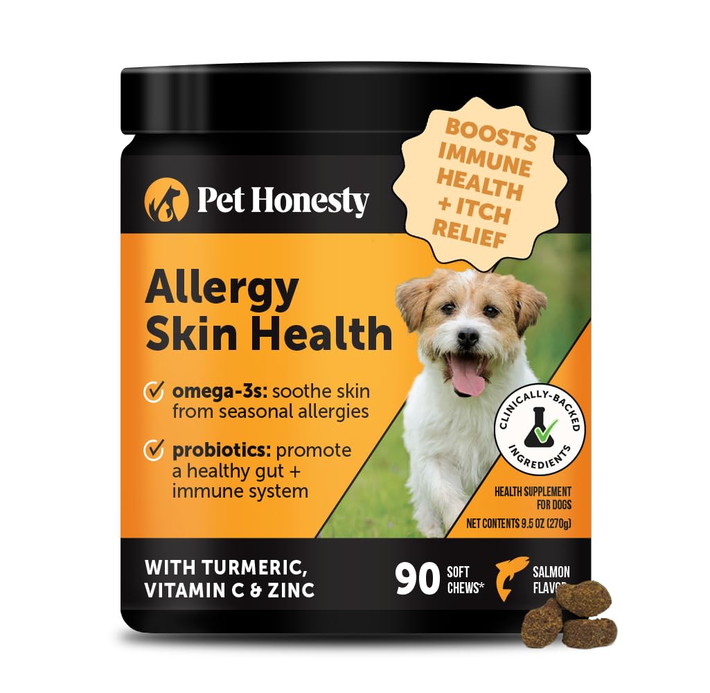 Pet Honesty Allergy Skin Health chews bottle closeup highlighting daily skin support benefits.