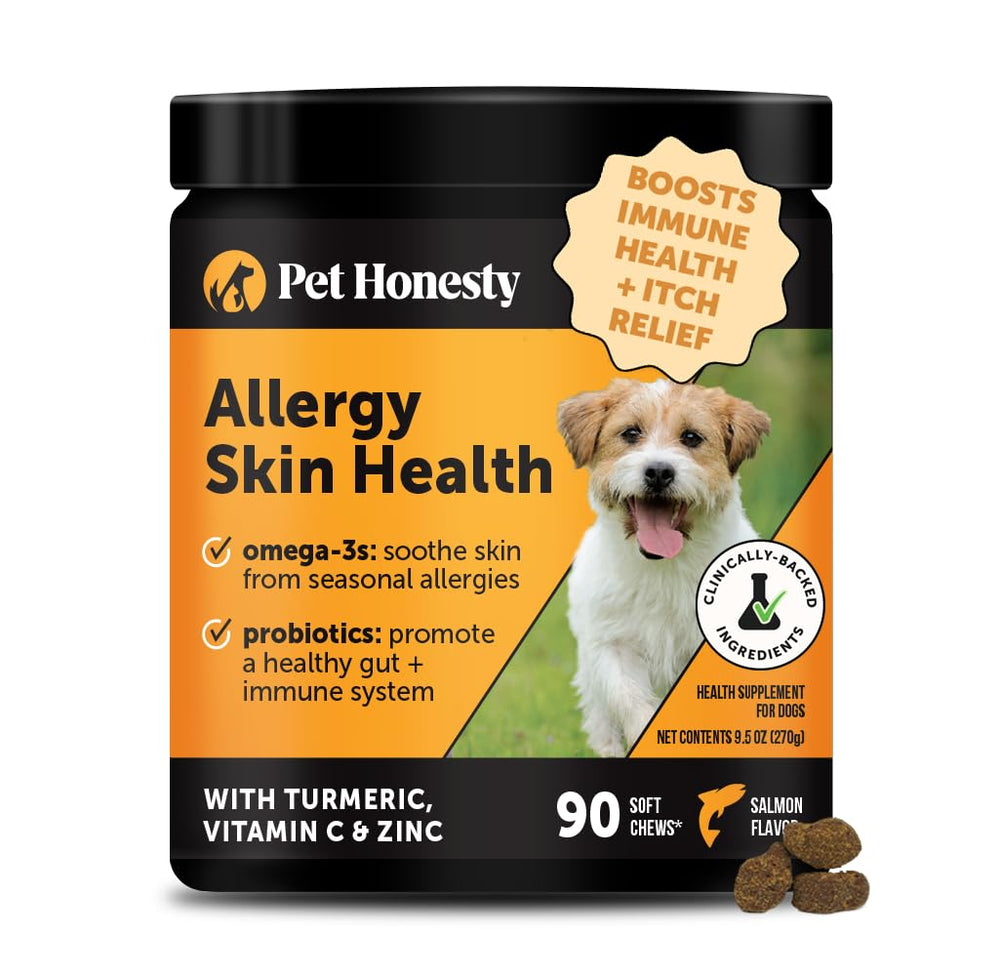 Pet Honesty Allergy Skin Health chews bottle closeup highlighting daily skin support benefits.