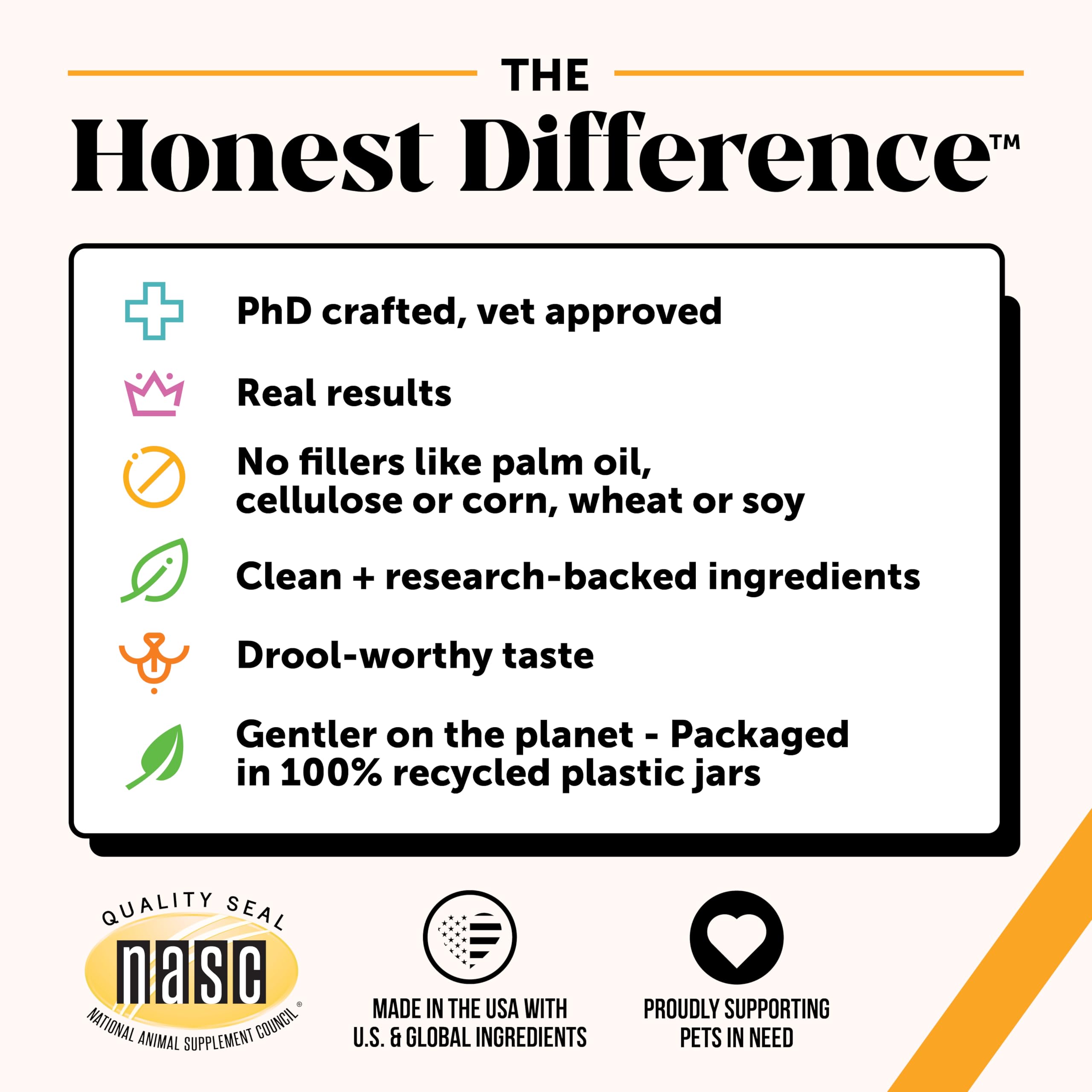 Pet Honesty Allergy Skin Health chews probiotics ingredients panel for gut support and immune balance.