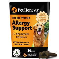 Pet Honesty Allergy Support Fresh Dental Sticks packaging image showing dual-action oral and immune care.