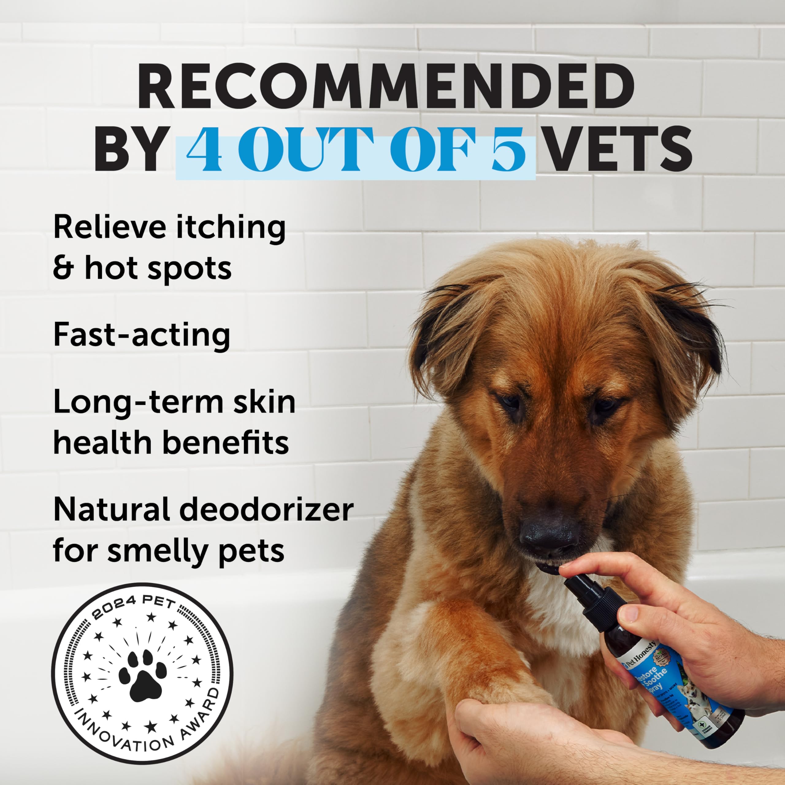 Aplicación rápida del spray para irritaciones cutáneas en mascotas.