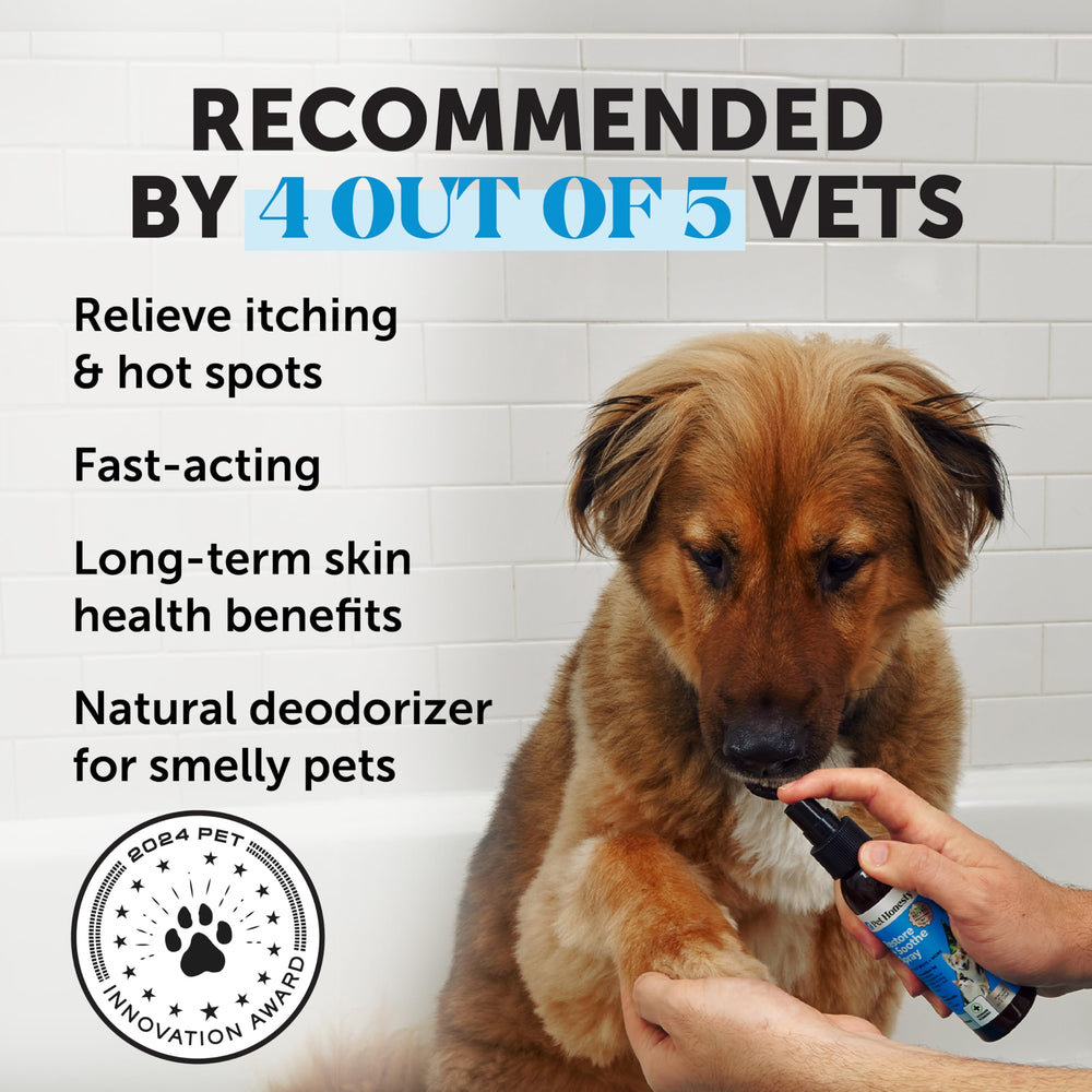 Aplicación rápida del spray para irritaciones cutáneas en mascotas.