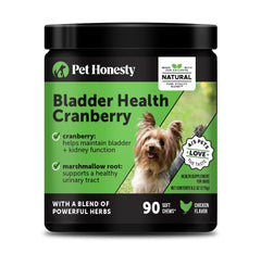 Pet Honesty Bladder Health Cranberry Chews packaging highlights US-made formula for urinary support.