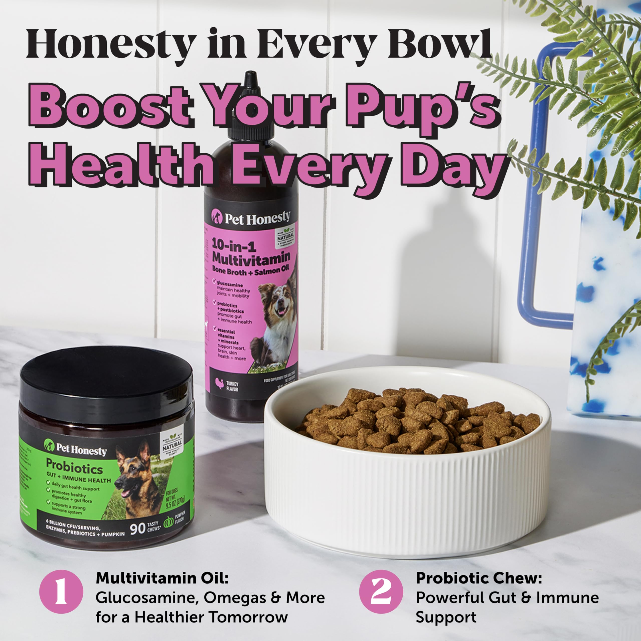Pet Honesty bone broth protein boost highlights flavorful texture and protein addition.