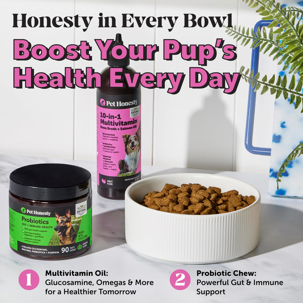 Pet Honesty bone broth protein boost highlights flavorful texture and protein addition.