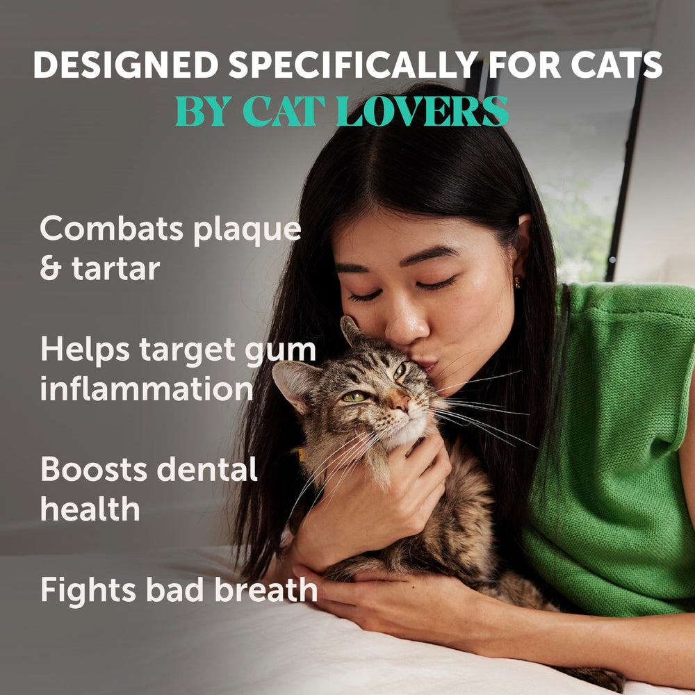 Pet Honesty cat dental powder scoop pouring onto food for easy sprinkle