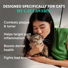 Pet Honesty cat dental powder scoop pouring onto food for easy sprinkle