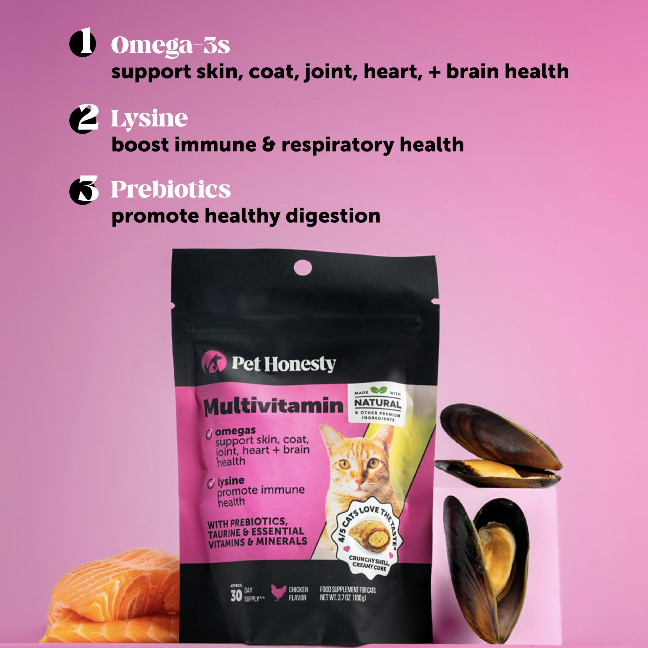 Pet Honesty cat multivitamin chews chicken flavor is ready for a tasty daily treat.