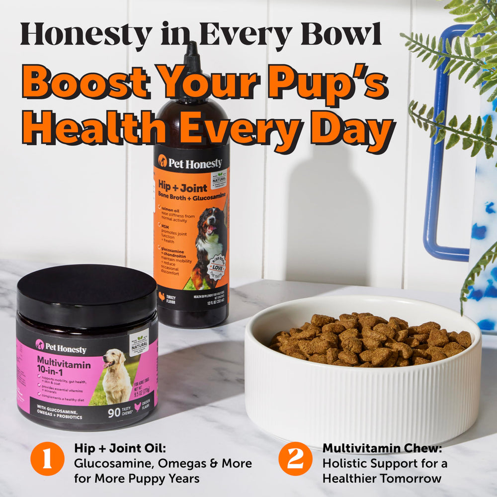 Pet Honesty collagen-rich broth close-up highlighting protein boost for vitality.