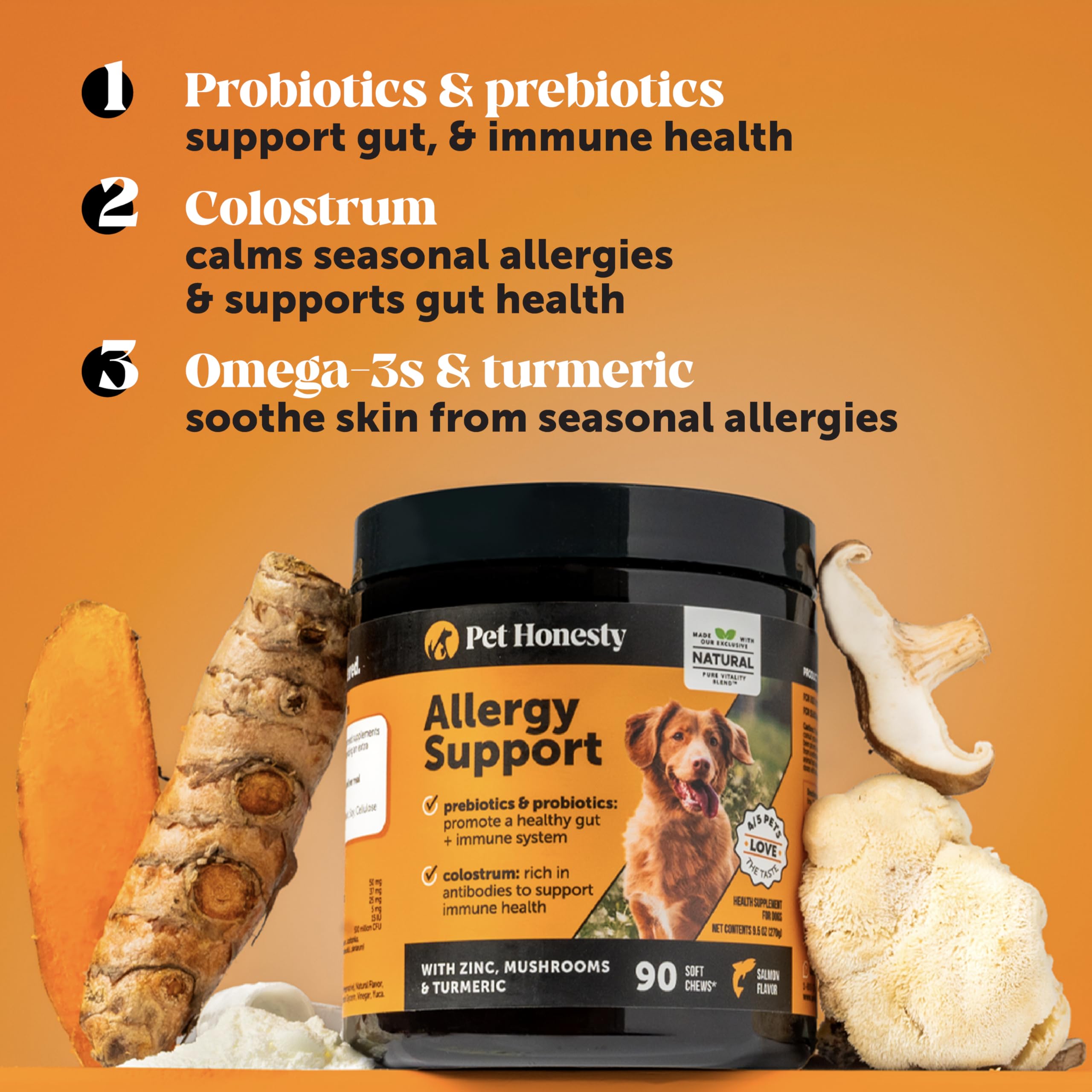 Pet Honesty colostrum-probiotics dog skin-health supplement supports gut and immune balance.