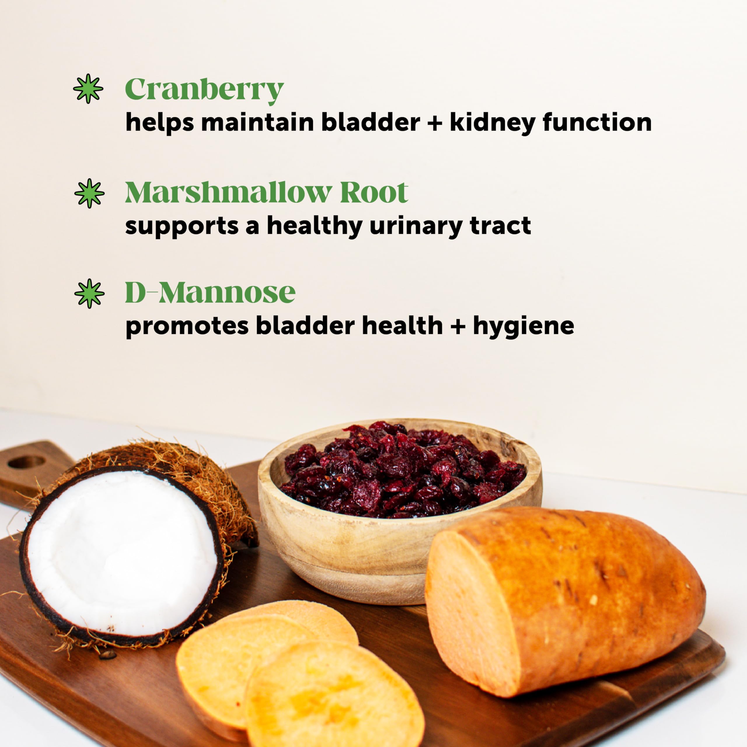 Pet Honesty cranberry ingredients close-up highlights D-Mannose and cranberry blend