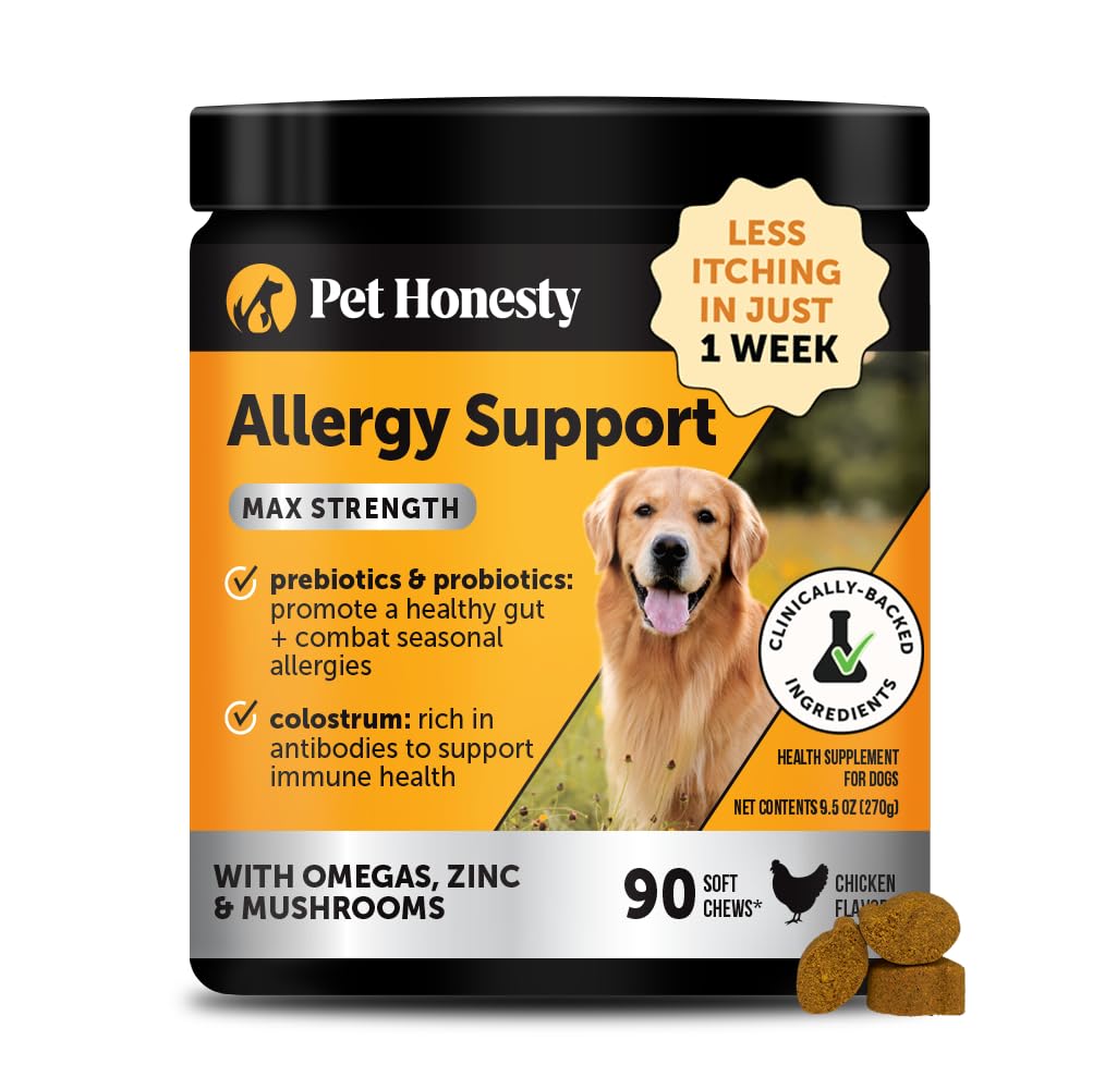 Pet Honesty allergy-relief-chews package shows daily allergy support.