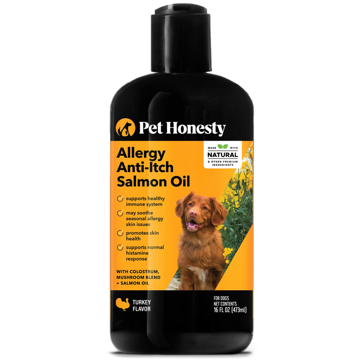 Pet Honesty dog allergy relief salmon oil bottle on counter for seasonal itch support.