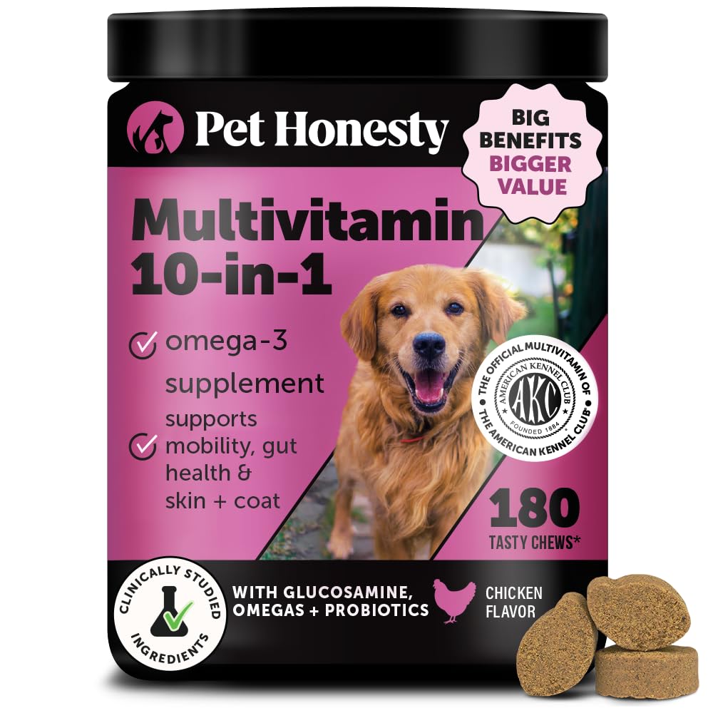 Pet Honesty dog multivitamin bottle with chicken chews supports overall health and vitality.