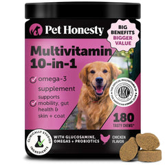 Pet Honesty dog multivitamin bottle with chicken chews supports overall health and vitality.