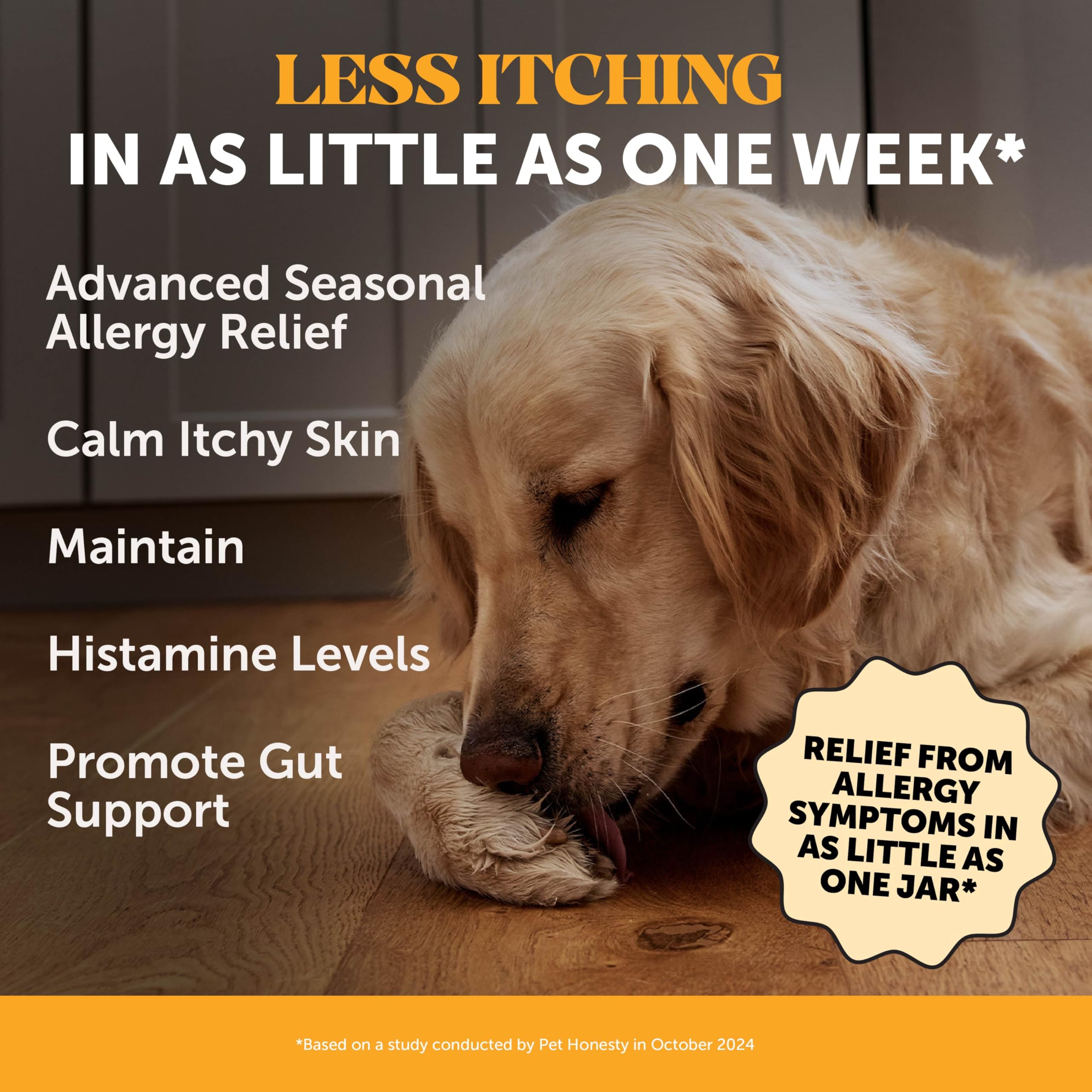 Pet Honesty dog scratching-relief chews illustrate itch relief for seasonal irritation.